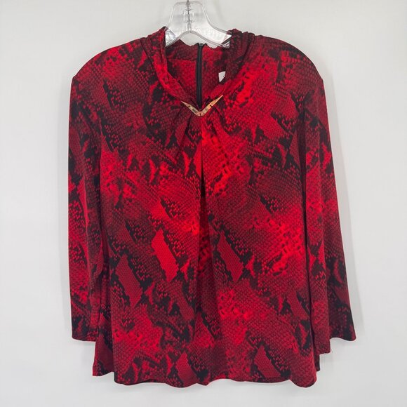 Calvin Klein Red Black Snake Print Blouse top knit Gold Accent Detail size lar - Picture 6 of 11